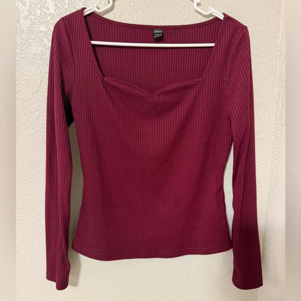 SHEIN Ribbed Long Sleeve Sweetheart Neck Top - Burgundy